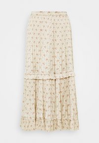 Falda midi con plegados en tejido ligero beige con estampado floral en durazno y verde. Presenta un dobladillo con volantes y una cinturilla elástica.