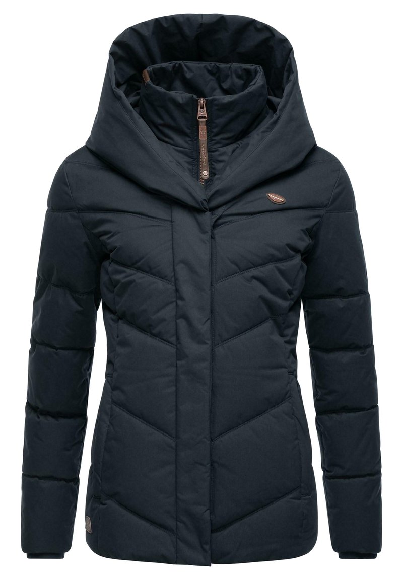 Navy puffer jacket with a high collar and zip closure; features quilted pattern, long sleeves, and a logo accent on the chest.