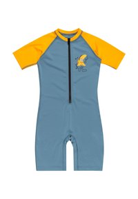 Kúpeľný úbor s krátkym rukávom v modrej a žltej farbe, vyrobený z pružného materiálu. Obsahuje predný zips a hravý grafický dizajn na hrudníku.