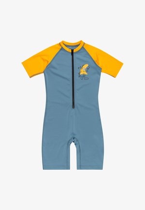 Kortärmad baddräkt i blått och gult, tillverkad av ett elastiskt material. Har en dragkedja fram och en lekfull grafisk design på bröstet.