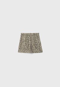 Leopardenmuster-Shorts in Beige und Schwarz. Weicher Stoff mit einem elastischen Bund, der einen lässigen Schnitt und ein geplättetes Design bietet.