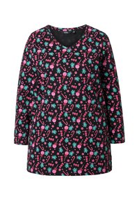 Černá tunika s dlouhým rukávem, která má opakující se vzor růžových bonbónů, lízátek a zeleného listí. V- výstřih a volnější střih.