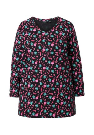 Musta pitkähihainen tunika, jossa on toistuva kuvio pinkeistä makeisista, irtokarkeista ja vihreästä kasvillisuudesta. V-pääntie ja rento istuvuus.