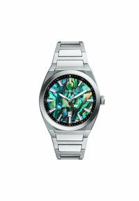 Rustfrit stål ur med en flerfarvet abaloneskive, sølv timemarkører og en datovisning. Har et armbånd i kædedesign.