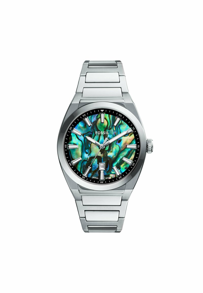 Rustfrit stål ur med en flerfarvet abaloneskive, sølv timemarkører og en datovisning. Har et armbånd i kædedesign.