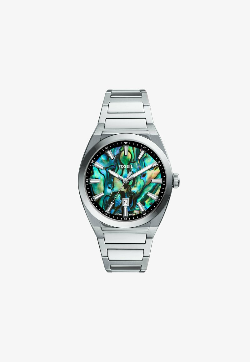 RVS horloge met een meerkleurige abalone-schelp wijzerplaat, zilveren uurmarkers en een datumaanduiding. Voorzien van een schakelenk-armband.