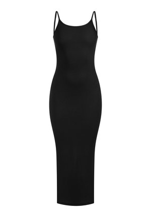 Robe noire midi avec une silhouette ajustée. Fabriquée en tissu côtelé, elle présente des bretelles réglables fines et un col rond.