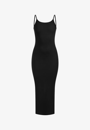 Zwart midi-jurk met een getailleerde silhouette. Gemaakt van ribstof, met dunne verstelbare schouderbanden en een ronde halslijn.