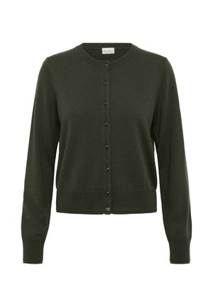 Grüner gestrickter Cardigan mit Rundhalsausschnitt, langen Ärmeln und fünf schwarzen Knöpfen auf der Vorderseite, sowie einem taillierten Saum.