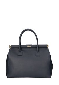 Borsa a tracolla in pelle blu navy con silhouette strutturata, doppi manici coordinati e dettagli in metallo dorato. Presenta una superficie testurizzata e cuciture sottili.