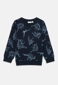 Granatowy sweatshirt z nadrukiem dinozaurów w jasnoniebieskim kolorze. Posiada długie rękawy, ściągacze oraz okrągły dekolt. Wykonany z miękkiej bawełny.
