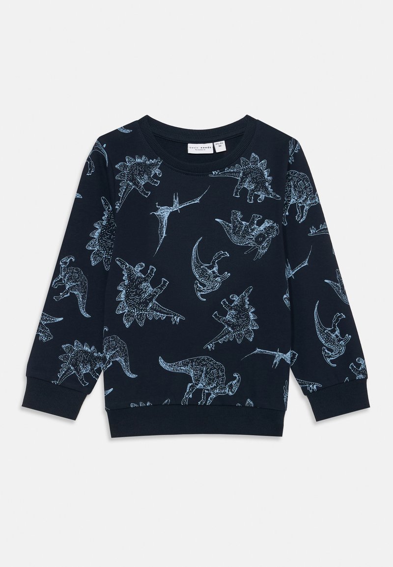 Sudadera azul marino con estampado de dinosaurio en azul claro. Presenta mangas largas, puños acanalados y diseño de cuello redondo. Material de algodón suave.