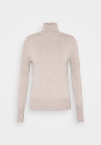 Pull à col roulé beige à manches longues avec poignets et ourlet côtelés, présenté sur un fond clair uni.