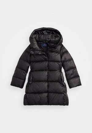 Black puffer coat with a hood, featuring a quilted design, snap buttons, and side pockets. Made from a shiny, smooth material.