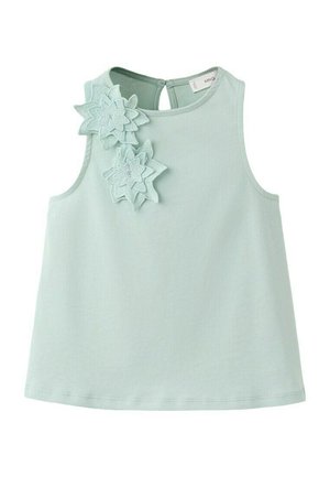 Lagana svijetlozelena haljina bez rukava za malu djecu s dva aplikacija od tkanine u obliku cvijeća blizu lijevog ramena i kopčanjem na dugme na leđima.
