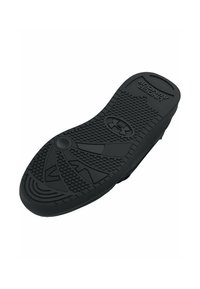 Black rubber shoe sole with textured grip patterns and logo. Features a rounded toe and a soft contour for comfort. Non-slip design.