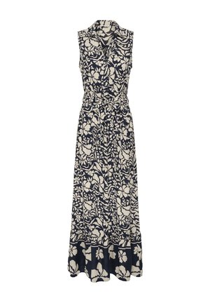 Vestido maxi sin mangas azul marino y blanco con estampado floral, cuello, botones delanteros, cintura marcada y dobladillo con volantes.