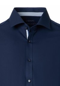 Navy blauwe overhemd met een solide textuur, voorzien van een spread collar, knoopsluiting en contrastpatroon aan de binnenkant van de kraag.