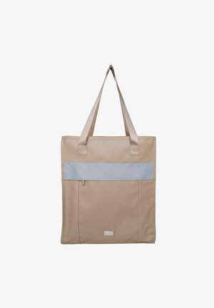 Beige színű vászontáska, két erős fogantyúval, vízszintes világoskék csíkkal, cipzáras zsebbel és sima, tartós anyagból készült.