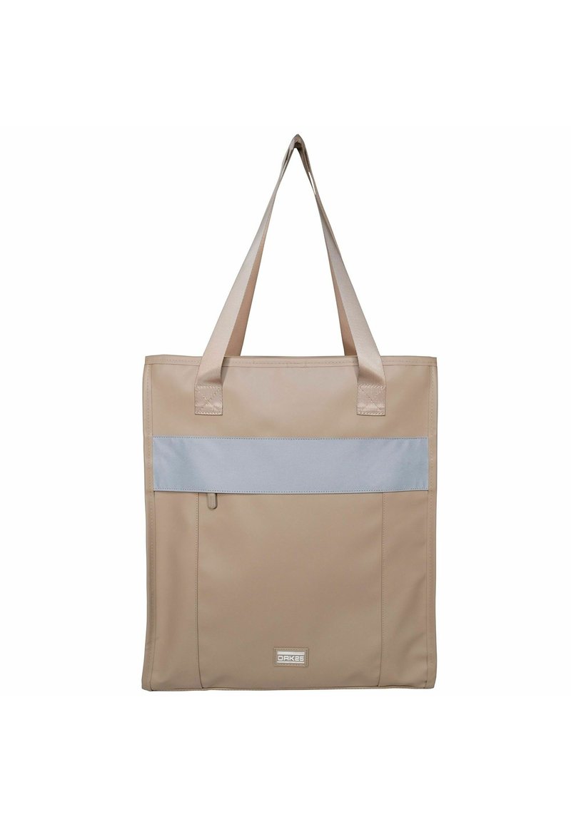 Borsa tote beige con due manici robusti, caratterizzata da una striscia orizzontale blu chiaro, tasca con zip e materiale liscio e durevole.