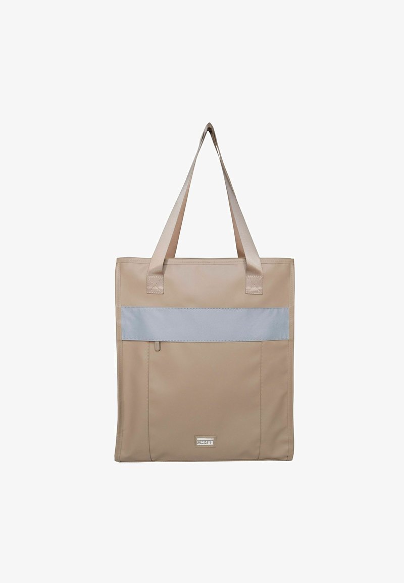 Beżowa torba na ramię z dwiema solidnymi uchwytami, z poziomą jasnoniebieską paskiem, kieszenią na zamek błyskawiczny i gładkim, wytrzymałym materiałem.