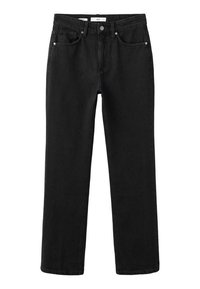 Jeans negri, cu croială dreaptă, nasture și fermoar frontal, design cu cinci buzunare și bucle pentru curea.