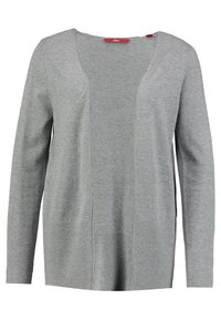 Grå cardigan med djup V-ringning, långa ärmar, ribbad nederkant och framfickor. Tillverkad av mjukt, lätt tyg med en slät textur.