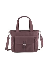 Bolso tote de nylon púrpura con dos asas y correa de hombro desmontable. Presenta un bolsillo frontal con cierre de hebilla metálica. Acabado texturizado.