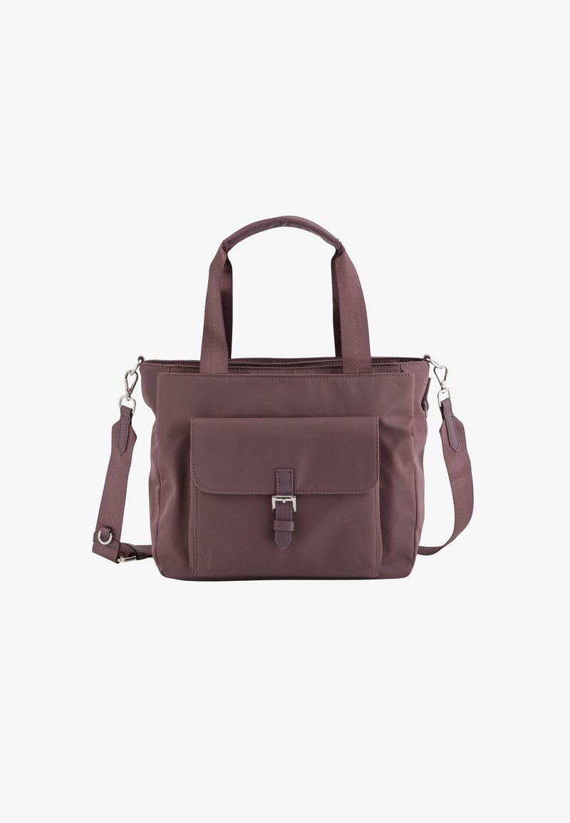 Purple nylon tote bag with dual handles and detachable shoulder strap. Features a front pocket with a metallic buckle closure. Textured finish.