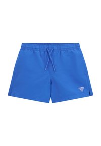 Costumi da bagno blu realizzati in tessuto leggero, con vita elastica e coulisse, fessure laterali e un logo triangolare sull'orlo.