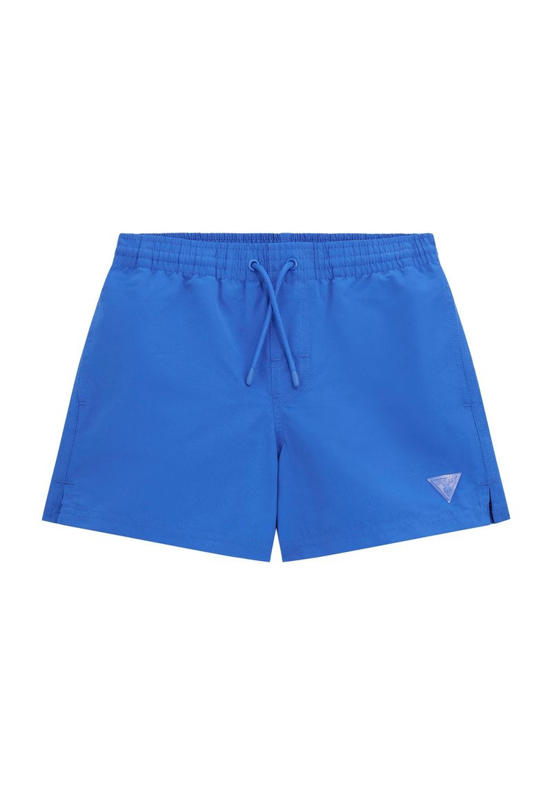 Costumi da bagno blu realizzati in tessuto leggero, con vita elastica e coulisse, fessure laterali e un logo triangolare sull'orlo.