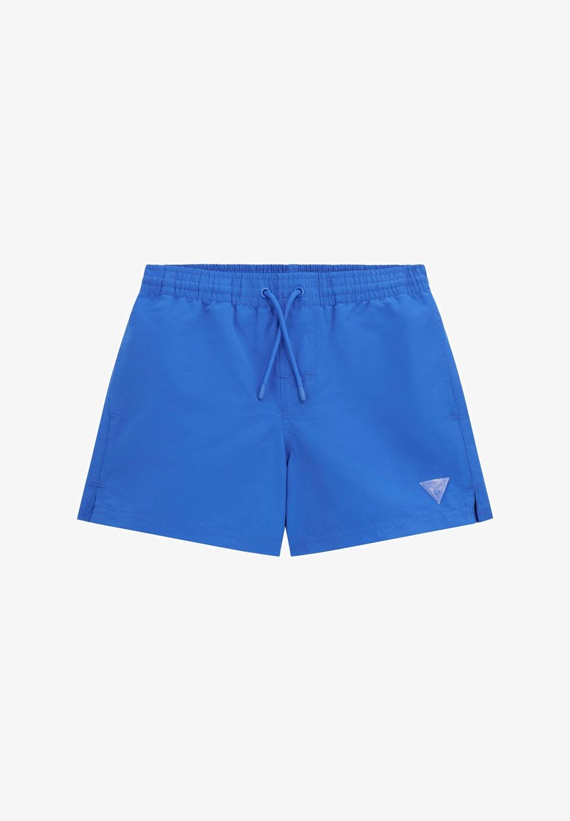 Costumi da bagno blu realizzati in tessuto leggero, con vita elastica e coulisse, fessure laterali e un logo triangolare sull'orlo.