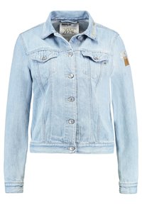 Light blue denim jacket with button closure, two chest pockets, and embroidered accents. Features long sleeves and a classic collar design.