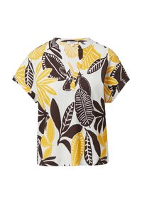 T-shirt z krótkim rękawem z dekoltem w serek, w białym tle z kwiecistym wzorem w żółte i brązowe liście. Teksturowana tkanina.