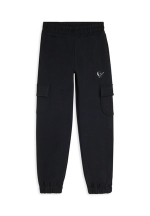 Pantaloni sportivi neri con vita elasticizzata, due tasche cargo laterali e un piccolo logo argento vicino alla vita. Orli delle caviglie con risvolto.