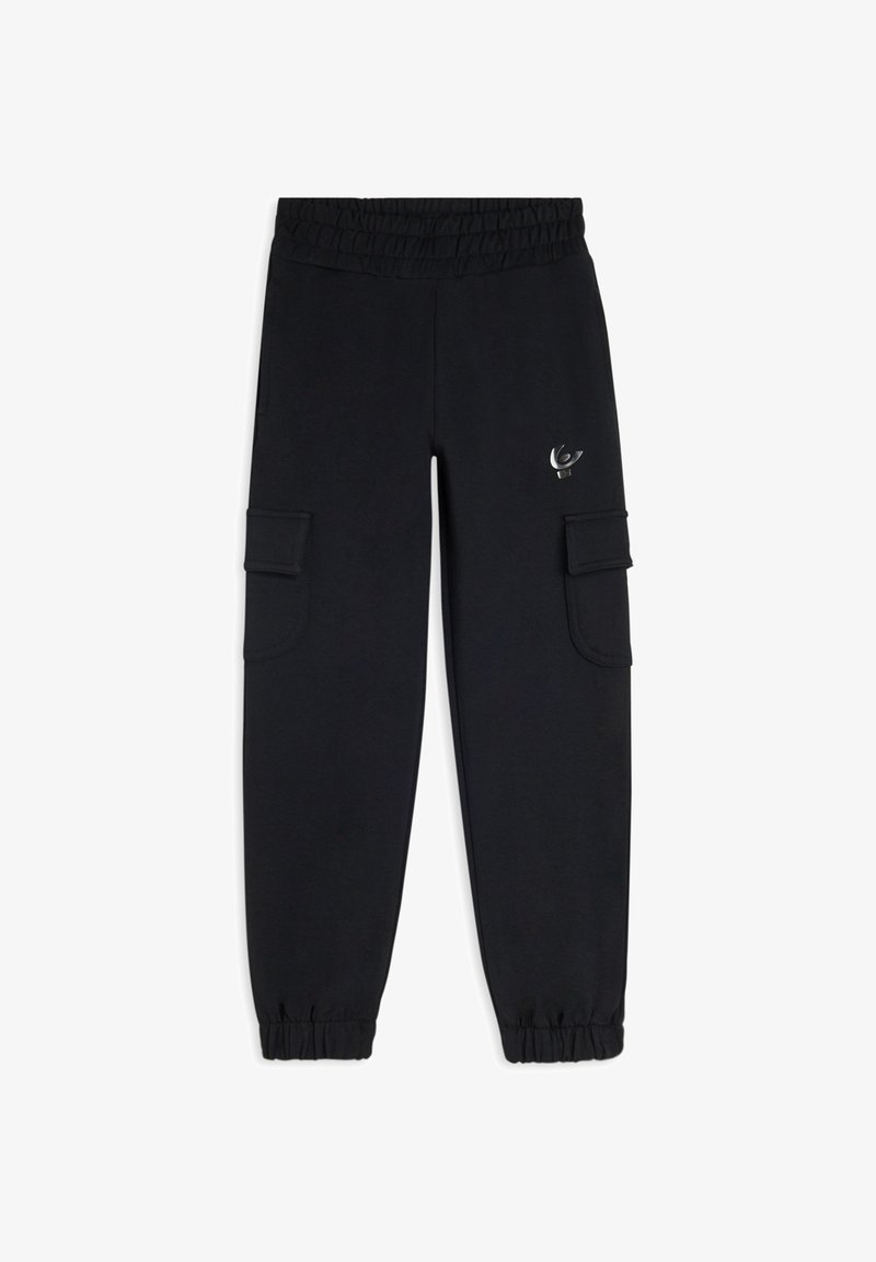 Pantalons de survêtement noirs avec une taille élastique, deux poches cargo sur les côtés et un petit logo argenté près de la taille. Ourlets de chevilles à boutons.