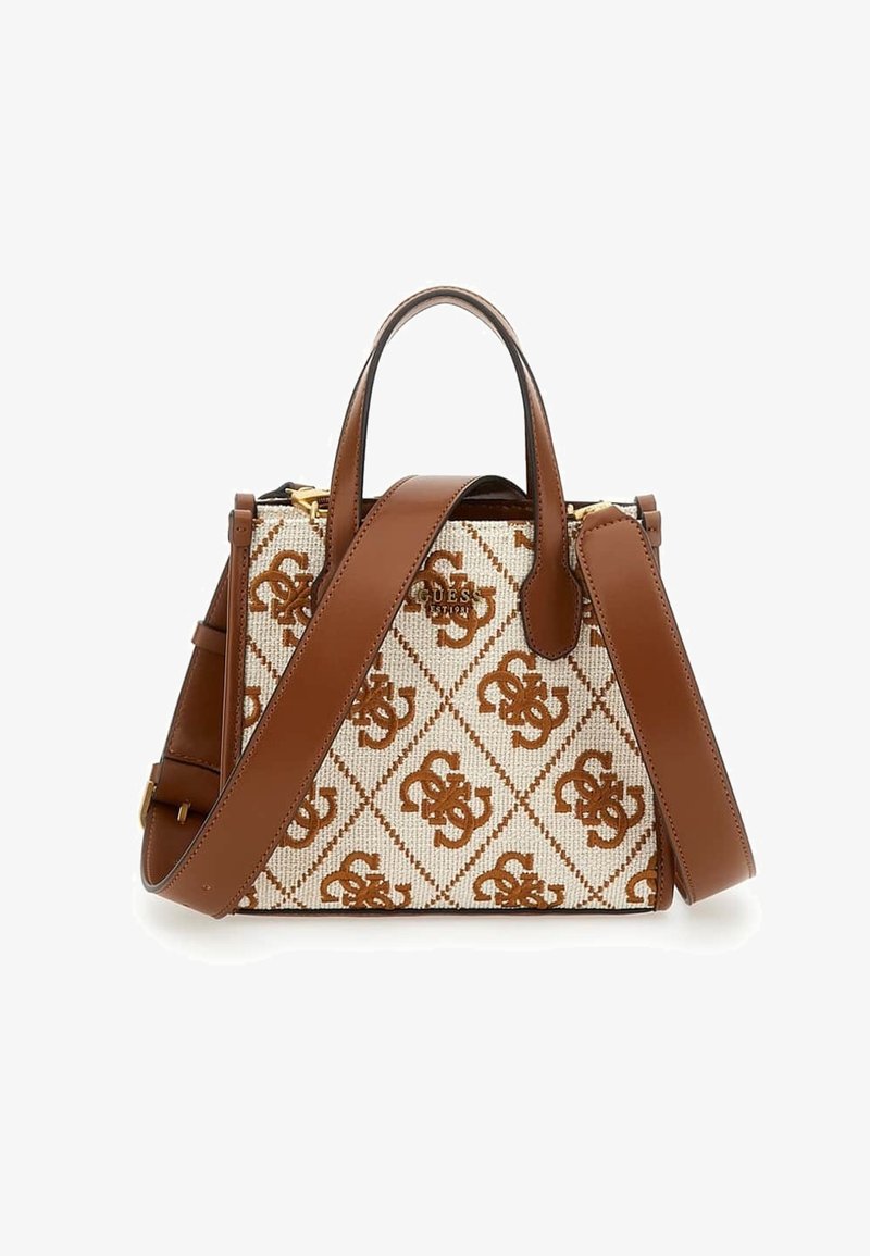 Brown leather handbag with a cream and brown patterned fabric, featuring diamond shapes and logo accents, dual handles, and a detachable strap.