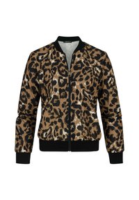 Giacca bomber con stampa leopardata in marrone e nero, presenta una chiusura con zip, polsini e orlo a coste, e una texture morbida.