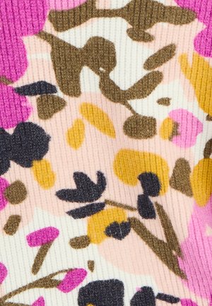 Tessuto a fantasia floreale nei colori rosa, nero, giallo e marrone. Morbida consistenza con design a coste, caratterizzato da forme astratte e vari motivi floreali.