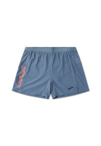 Ljusblå löparshorts gjorda av andningsbart material, med resårmidja, sidofickor och en stor "BROOKS"-logotyp i orange.