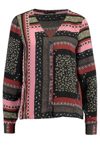 Blusa a maniche lunghe con scollo a V, caratterizzata da motivi multicolori di stampa leopardata, motivi floreali e accenti bordati in tonalità di rosa, verde e nero.