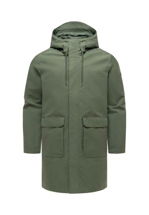 Grønn hettejakke med frontglidelås, snor i hetten, lange ermer og to store klaffelommer foran.