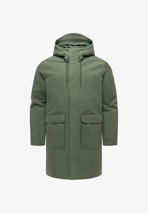 Zielona kurtka parka z kapturem, zapinana z przodu na zamek, z regulowanym sznurkiem w kapturze, długimi rękawami i dwoma dużymi patkowymi kieszeniami z przodu.