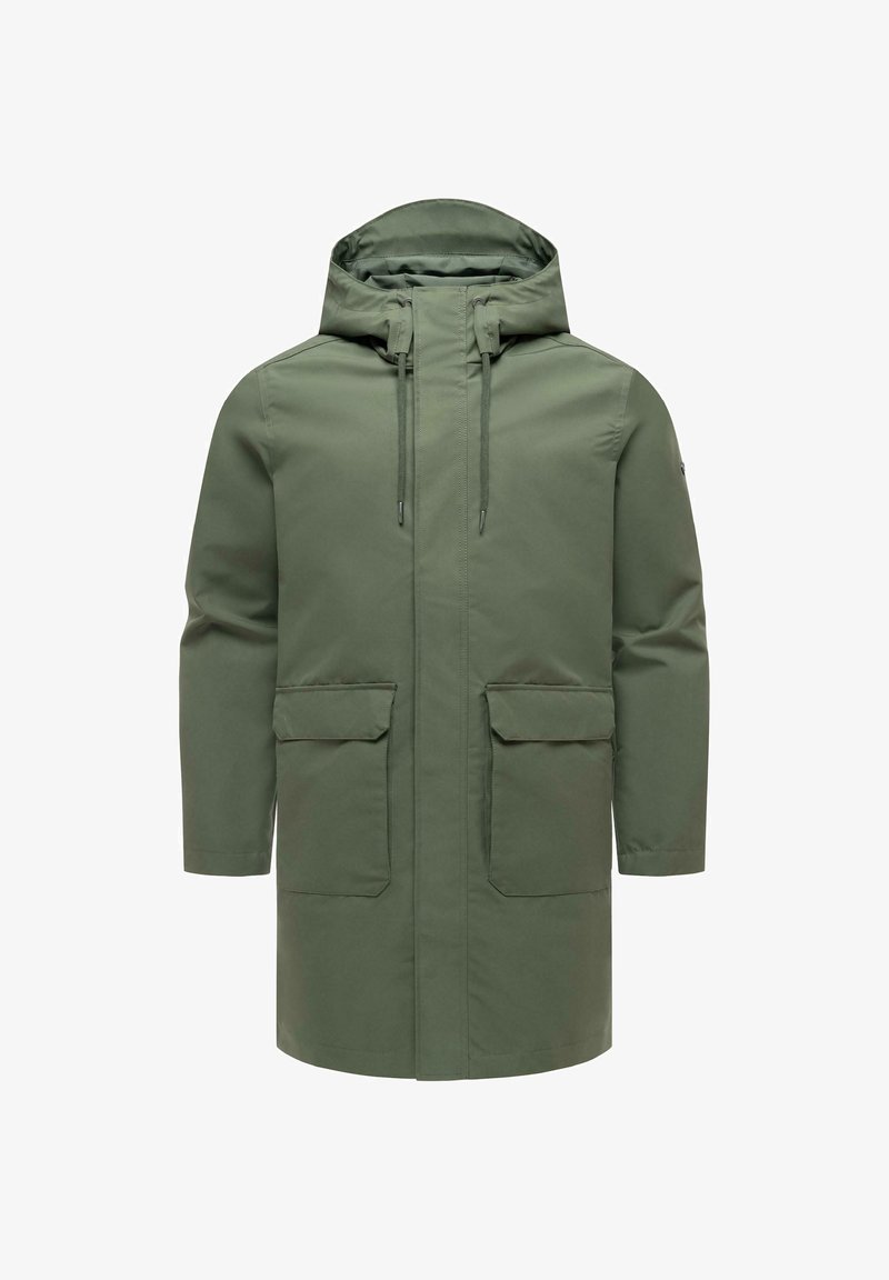 Zielona kurtka parka z kapturem, zapinana z przodu na zamek, z regulowanym sznurkiem w kapturze, długimi rękawami i dwoma dużymi patkowymi kieszeniami z przodu.