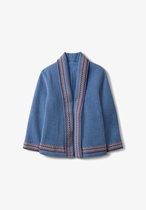 Giacca trapuntata blu con apertura frontale, caratterizzata da un bordo decorato multicolore lungo il colletto, i bordi anteriori, i polsini e l'orlo.