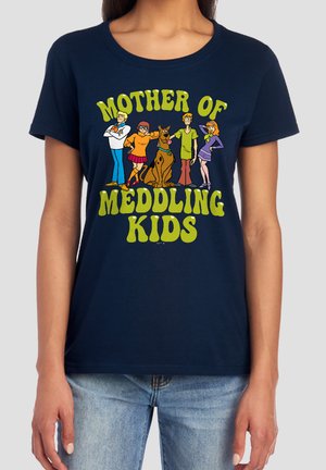 Navy shirt with Scooby-Doo characters and text "Mother of Meddling Kids" in large green letters on front.