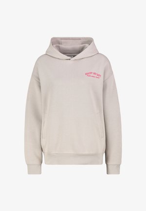 Light gray hooded sweatshirt made of soft material, featuring a front pocket and pink text saying "Healthy and Tasty" on the chest.