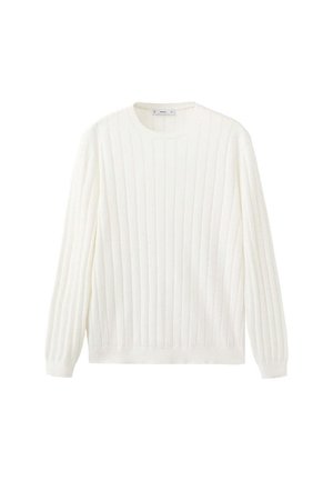 Pull blanc en maille côtelée à manches longues avec col rond et poignets ajustés, présenté sur un fond blanc uni.