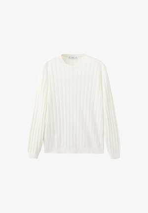 Pull blanc en maille côtelée à manches longues avec col rond et poignets ajustés, présenté sur un fond blanc uni.
