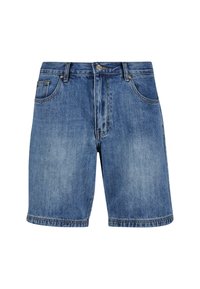 Denim shorts in a light blue wash with a relaxed fit, featuring five pockets, belt loops, and stitched hems.